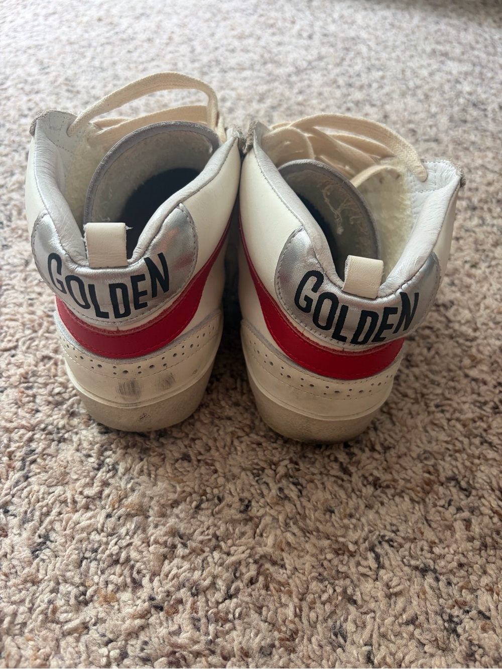 Golden Goose Mid Star High-Top Sneaker in White, Beige, Pink & Red - Picture 2 of 4